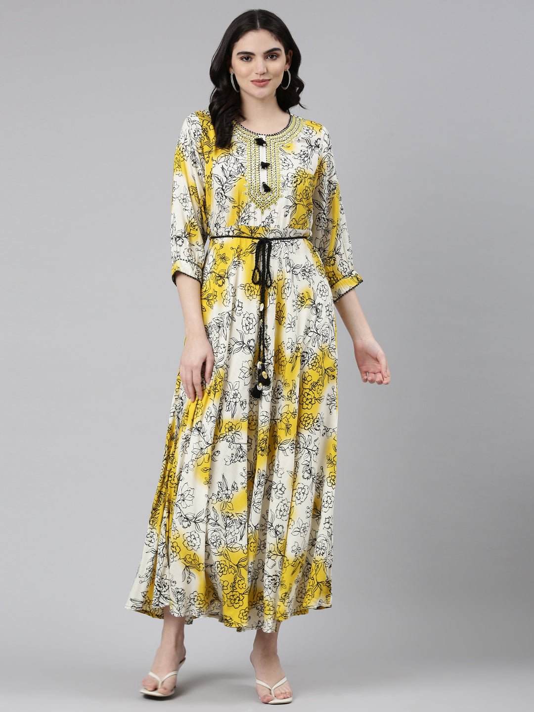 Neeru's Yellow Straight Casual Printed Dress