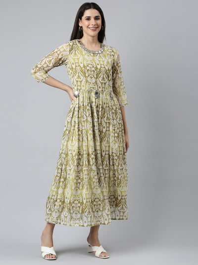 Neeru's Green Straight Casual Printed Dress