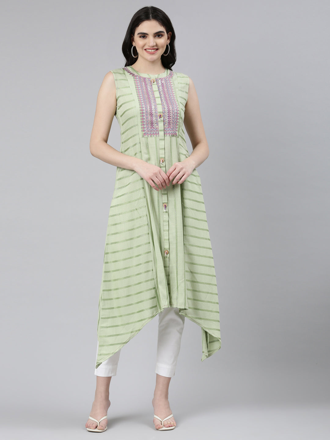 Neeru's Green Straight Casual Embroidered Dress