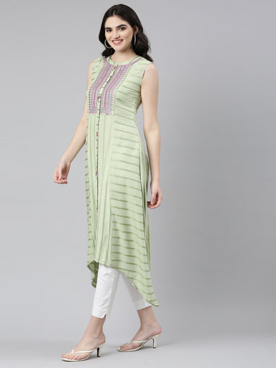 Neeru's Green Straight Casual Embroidered Dress