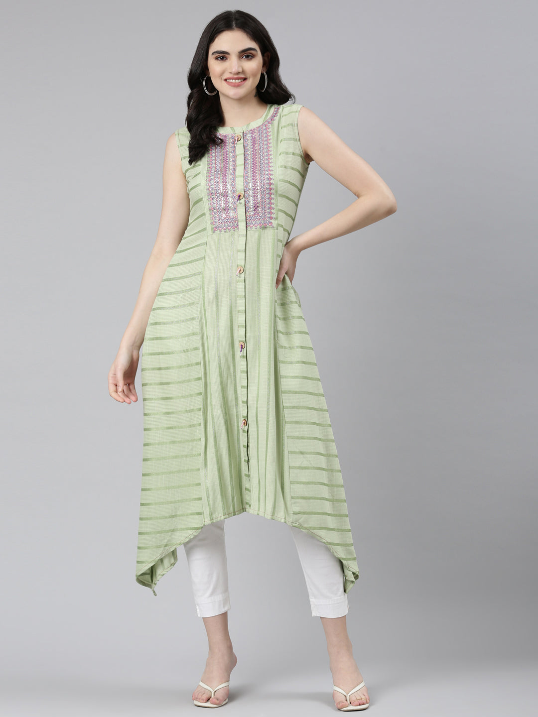 Neeru's Green Straight Casual Embroidered Dress