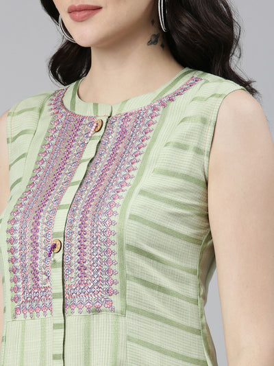 Neeru's Green Straight Casual Embroidered Dress