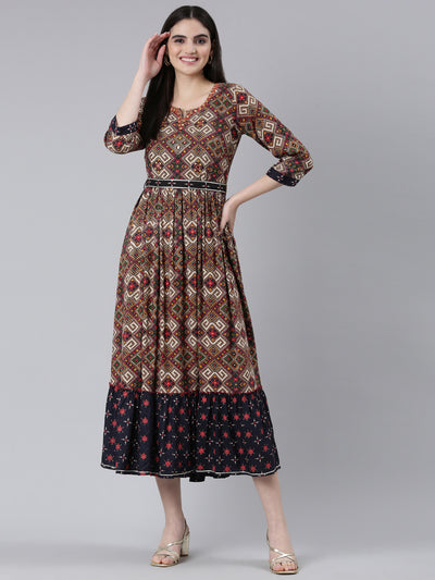 Neeru's Grey Straight Casual Printed Dress