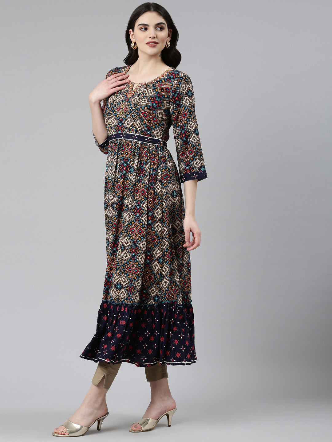 Neeru's Navy Blue Straight Casual Printed Dress