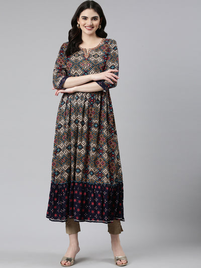 Neeru's Navy Blue Straight Casual Printed Dress