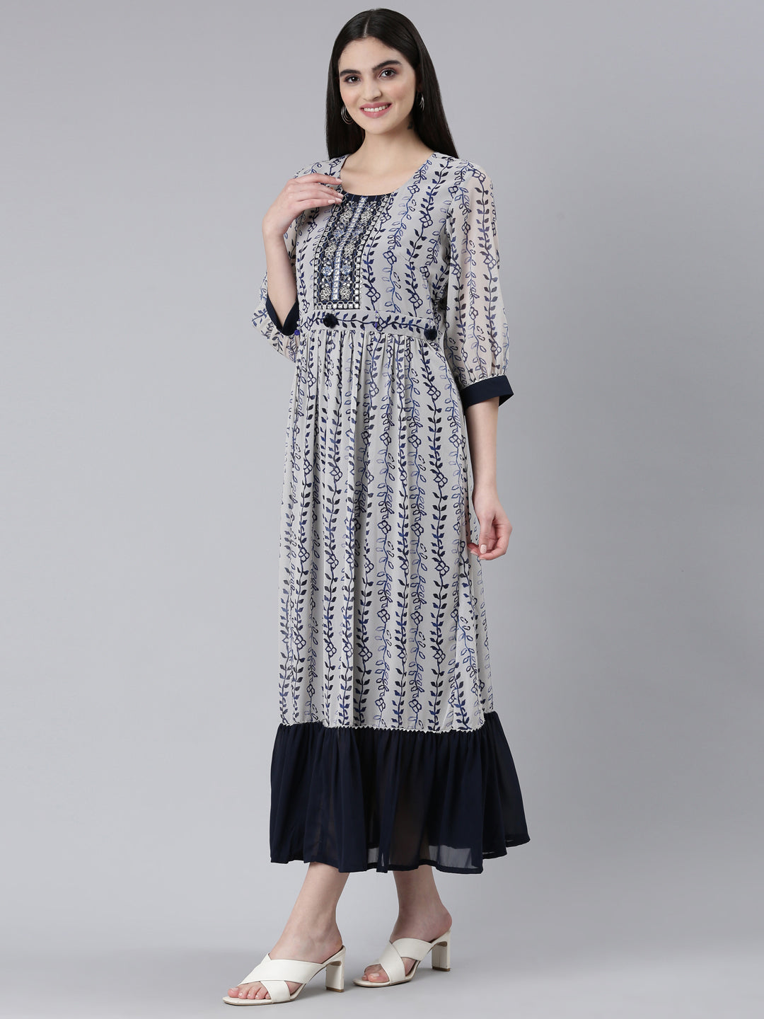 Neeru's Cream Straight Casual Printed Dress