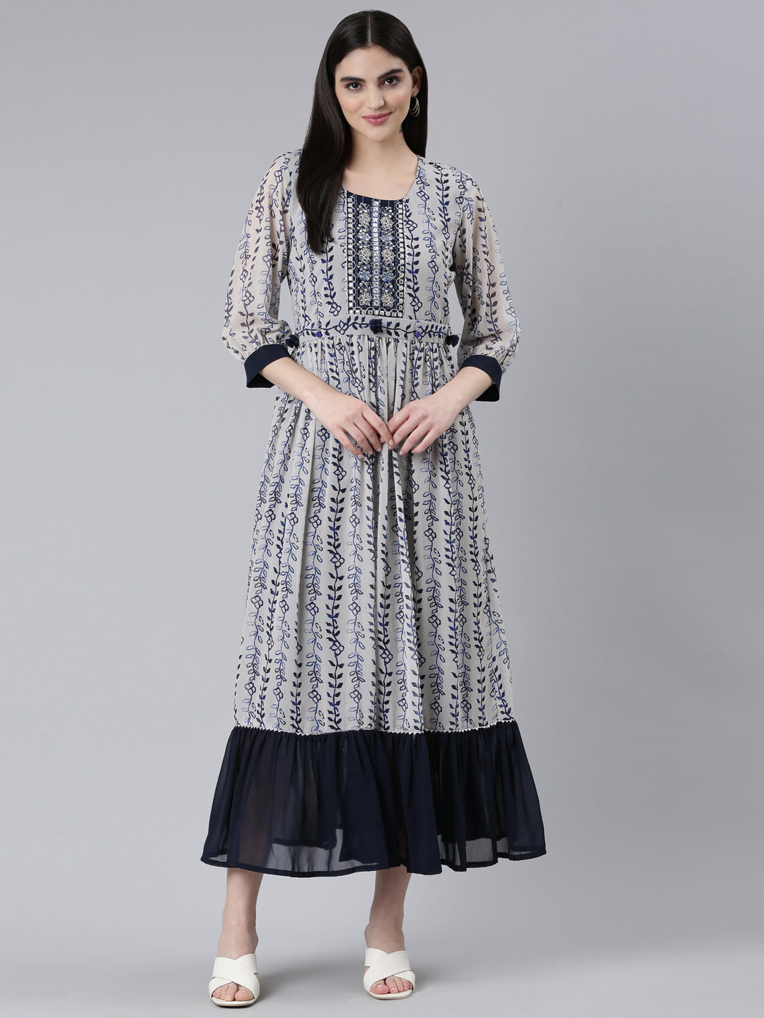 Neeru's Cream Straight Casual Printed Dress