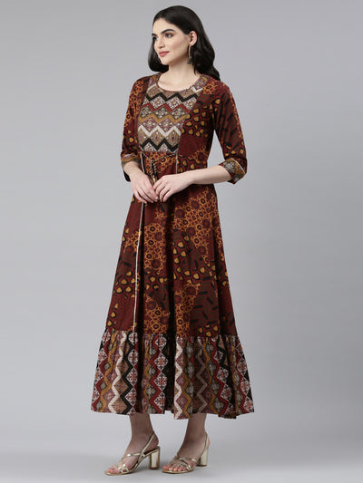 Neeru's Brown Straight Casual Printed Dress