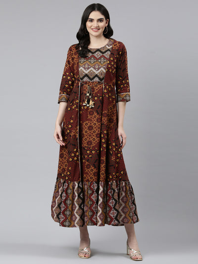 Neeru's Brown Straight Casual Printed Dress