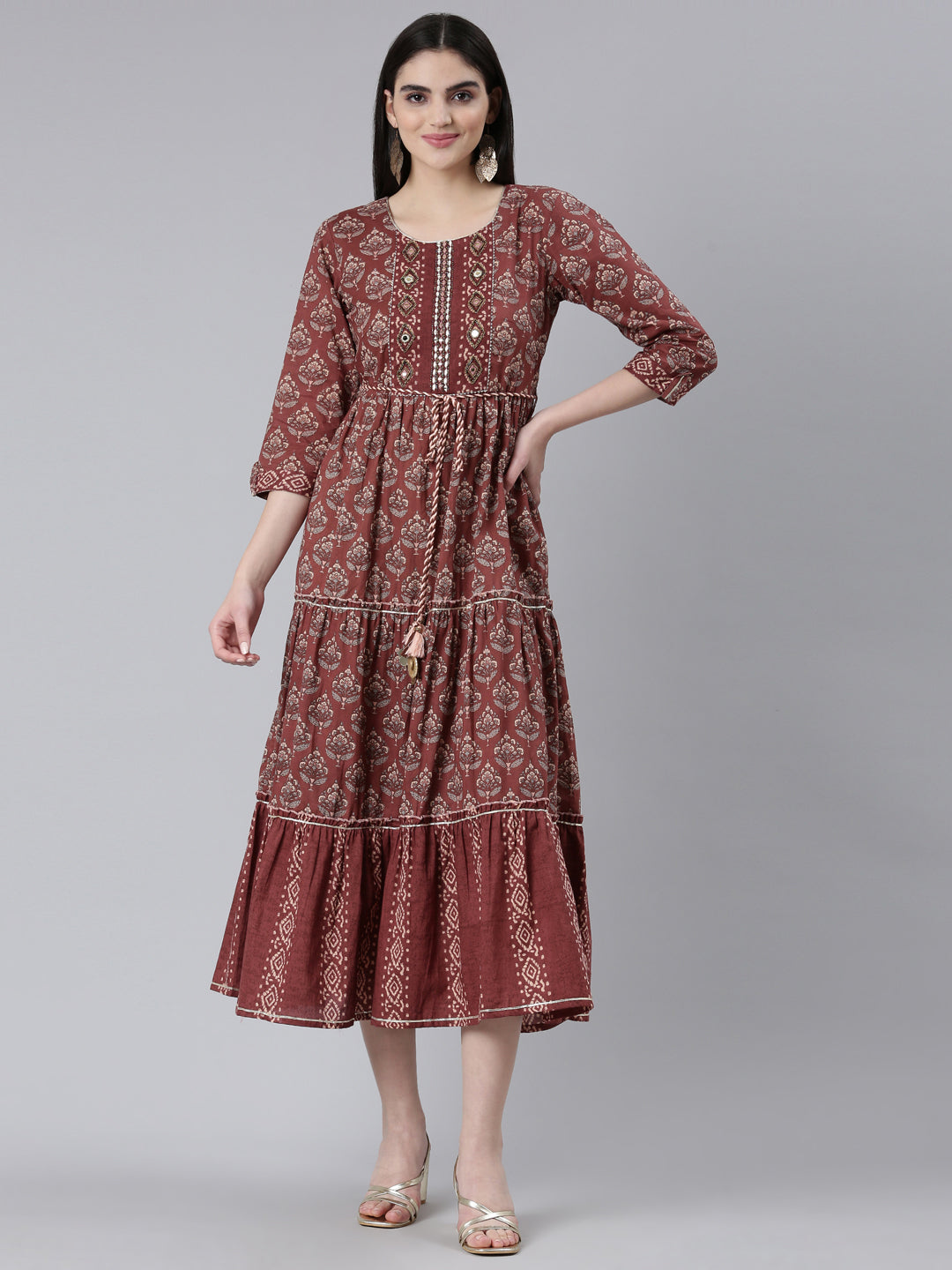 Neeru's Brown Straight Casual Printed Gown