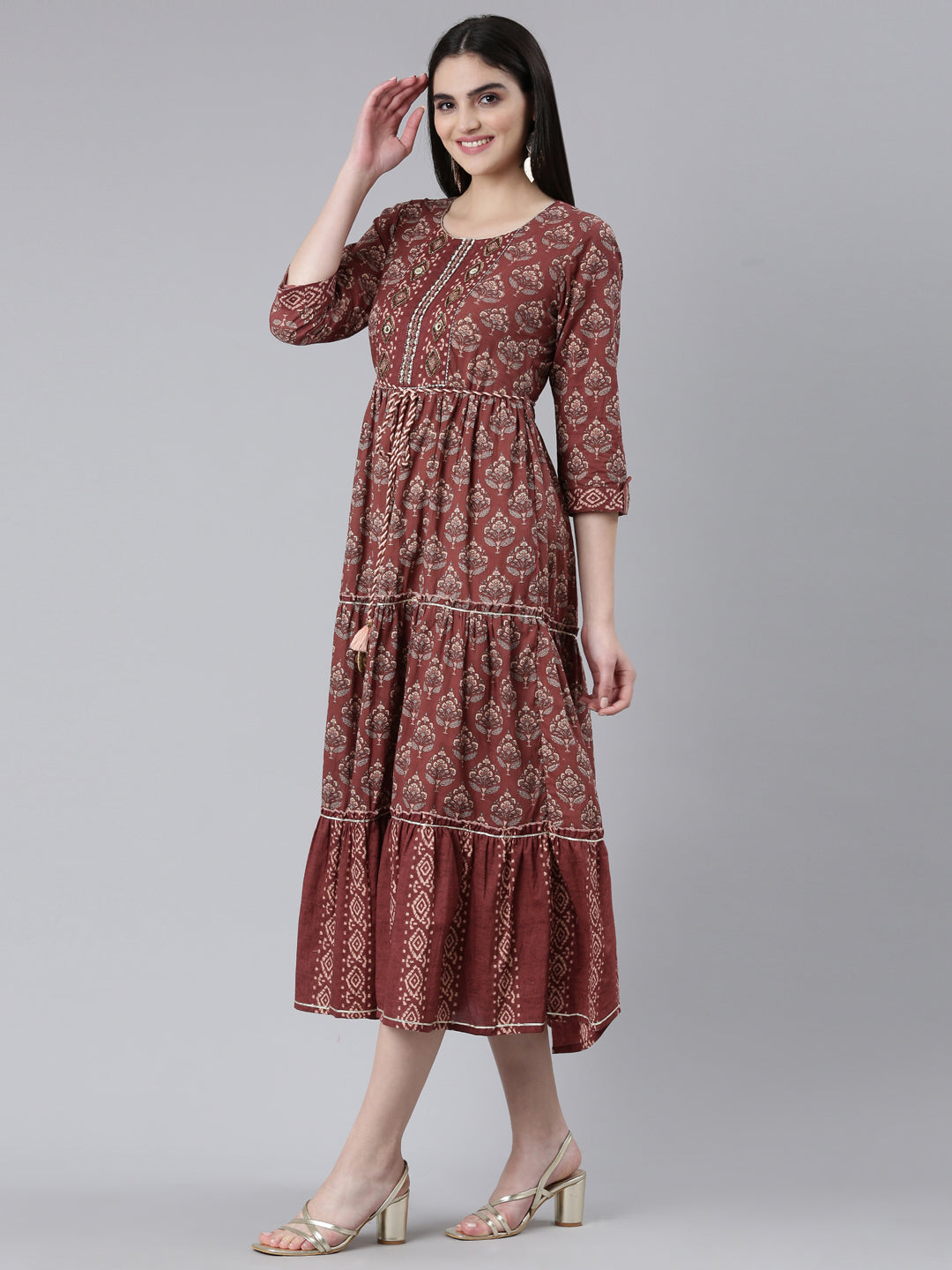 Neeru's Brown Straight Casual Printed Gown