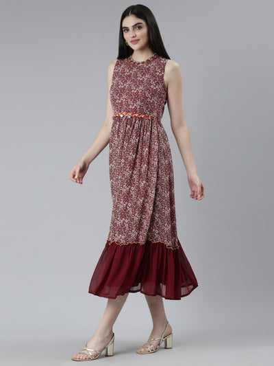 Neeru's Maroon Straight Casual Printed Dress