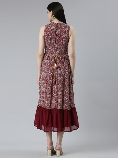 Neeru's Maroon Straight Casual Printed Dress