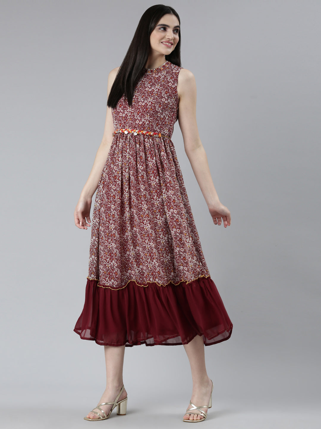 Neeru's Maroon Straight Casual Printed Dress