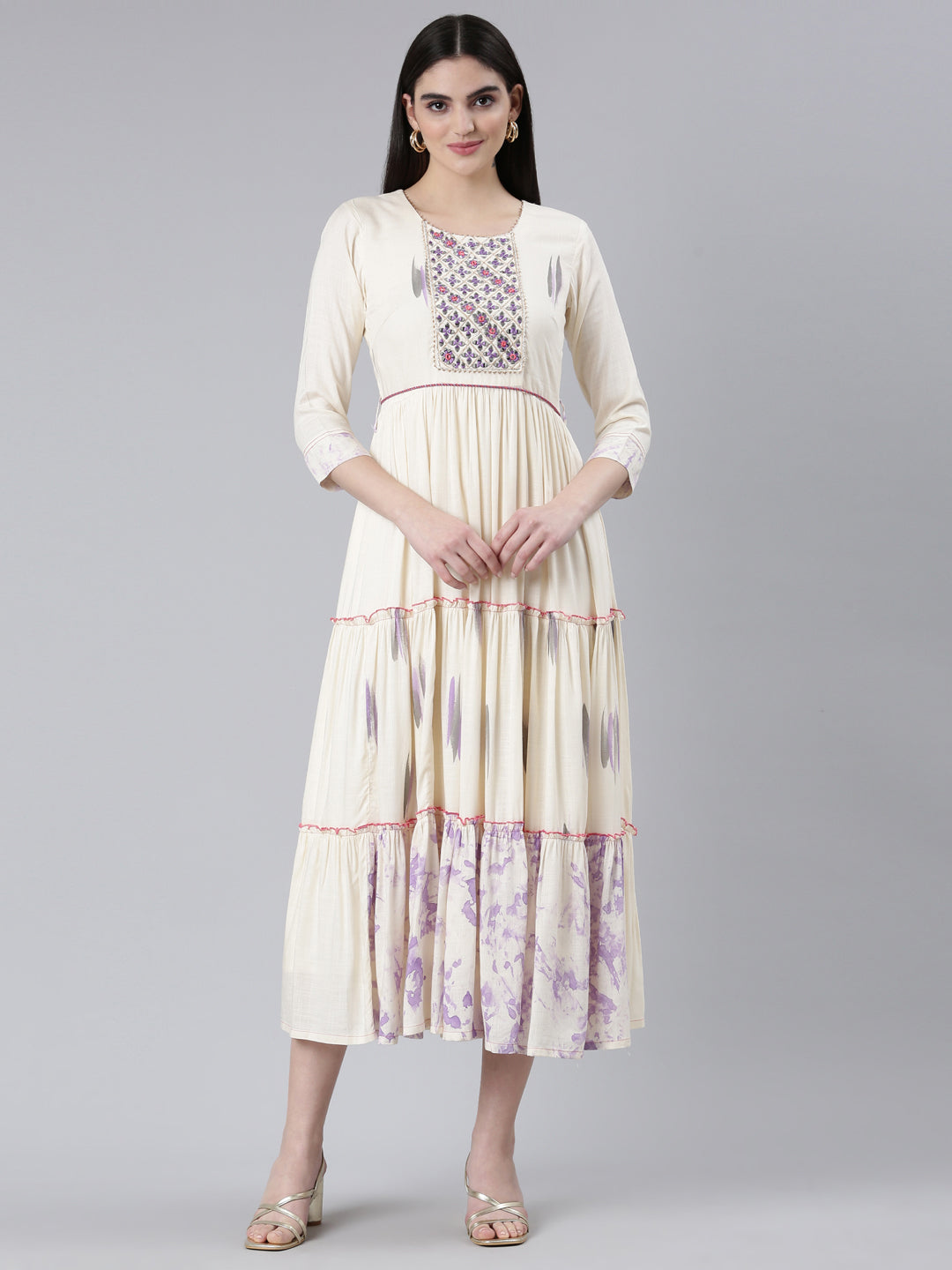 Neeru's Cream Straight Casual Printed Dress