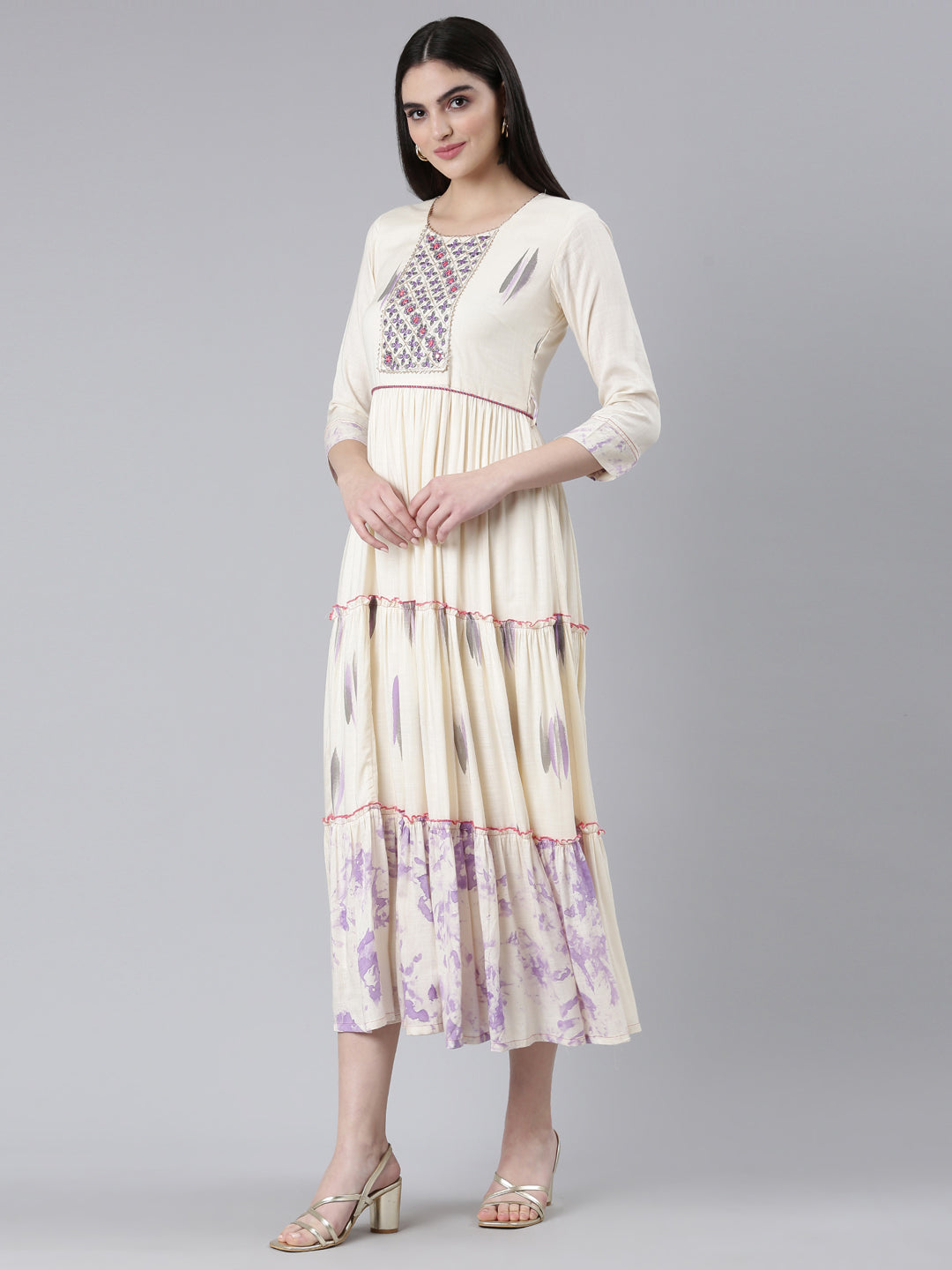 Neeru's Cream Straight Casual Printed Dress