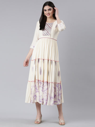 Neeru's Cream Straight Casual Printed Dress