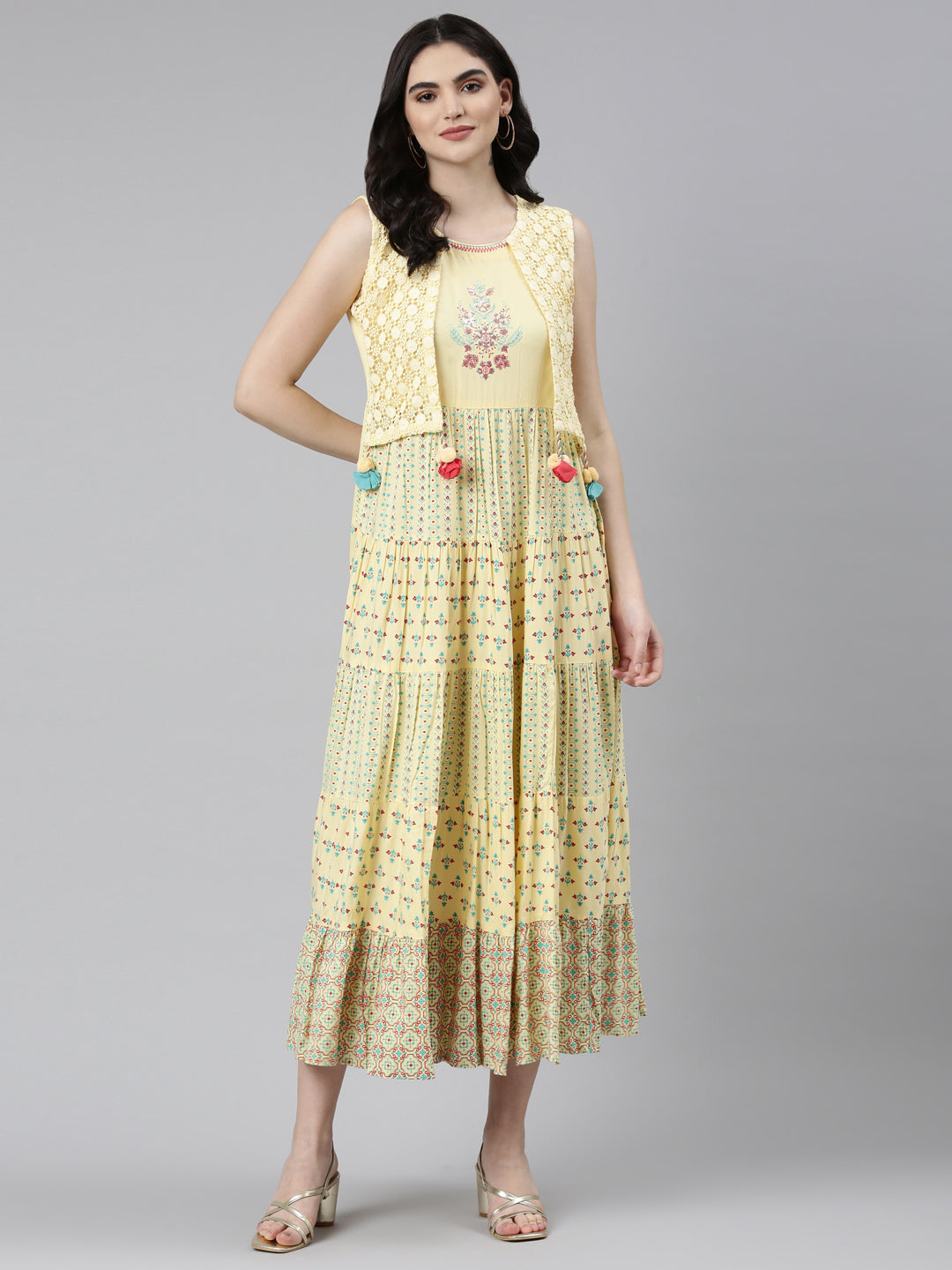 Neeru's Yellow Pleated Anarkali Solid Kurta