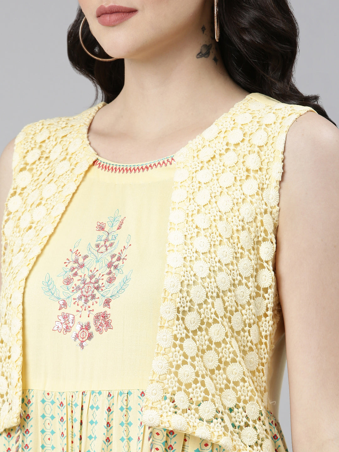 Neeru's Yellow Pleated Anarkali Solid Kurta