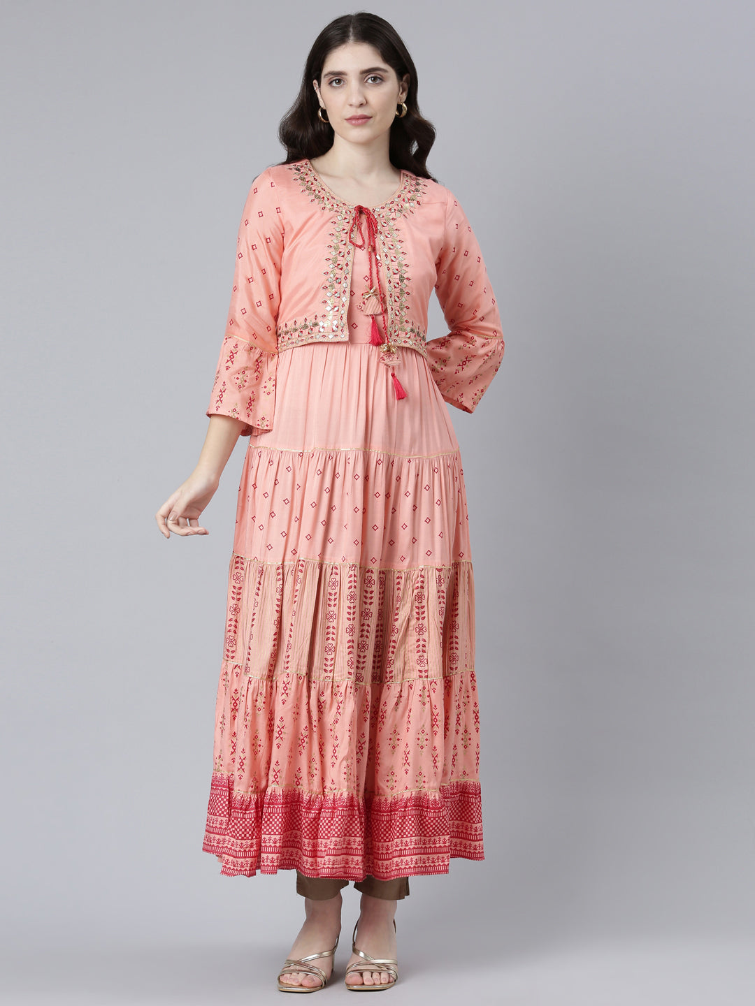 Neeru's Peach Straight Casual Printed Dress