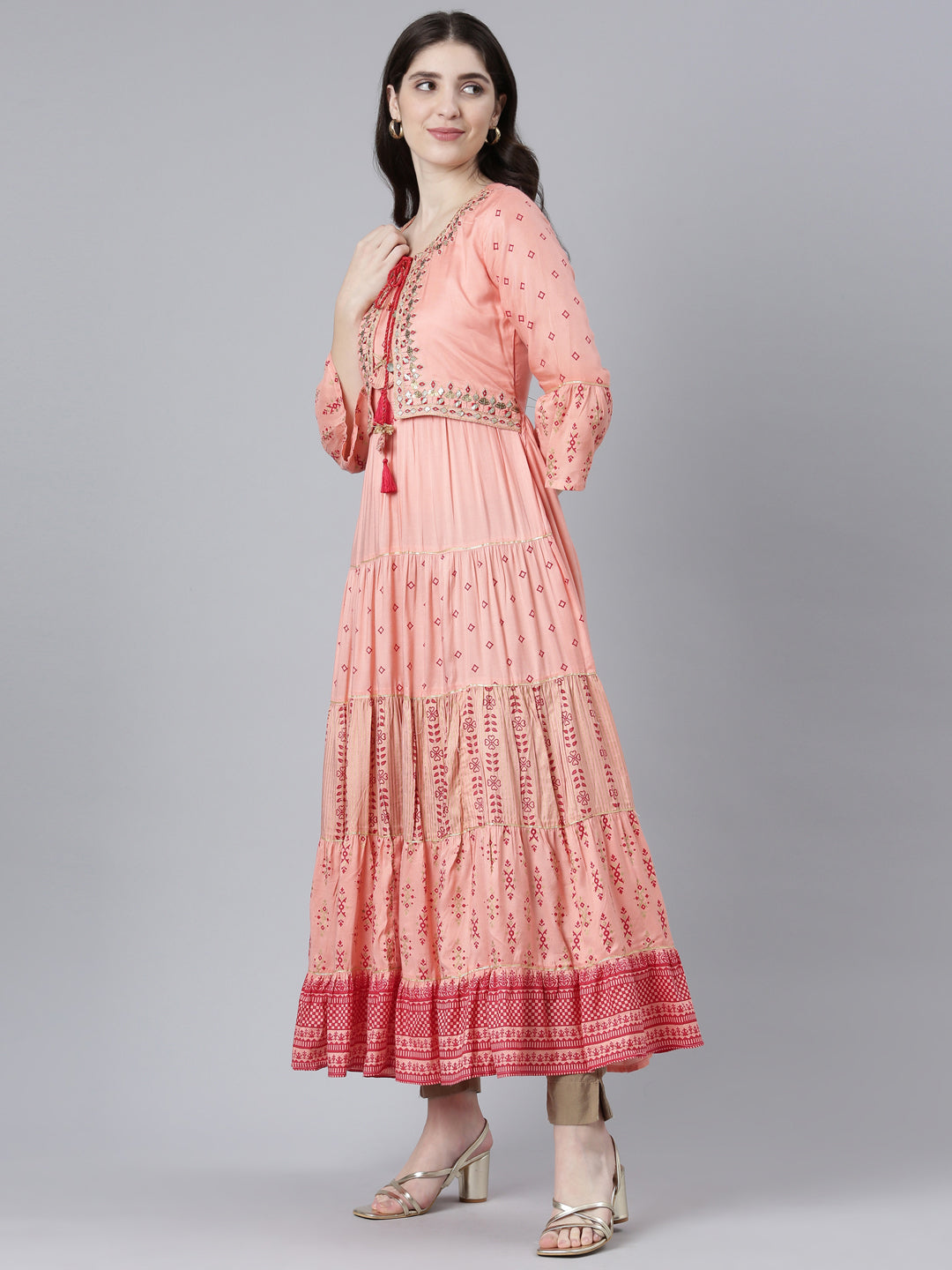 Neeru's Peach Straight Casual Printed Dress