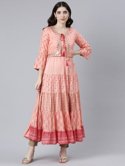 Neeru's Peach Straight Casual Printed Dress