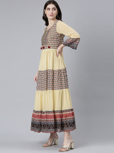 Neeru's Cream Straight Casual Printed Dress