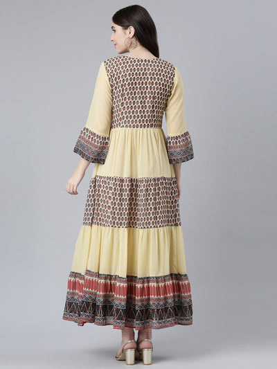 Neeru's Cream Straight Casual Printed Dress