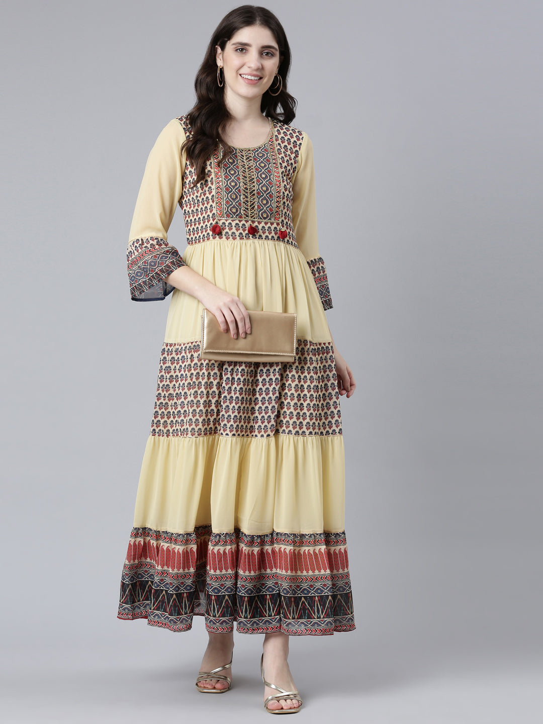 Neeru's Cream Straight Casual Printed Dress