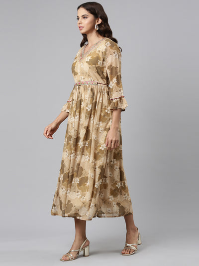 Neeru's Beige Straight Casual Printed Maxi Dresses