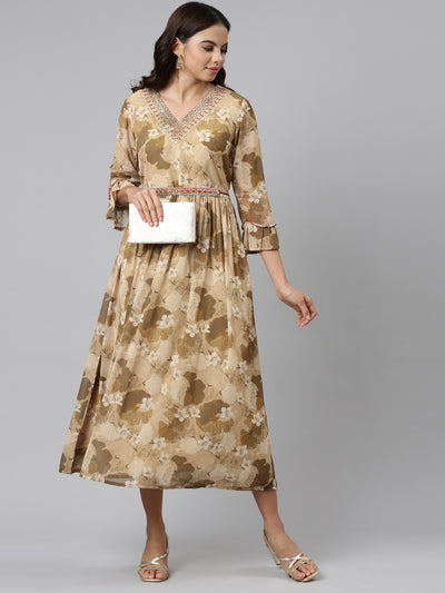 Neeru's Beige Straight Casual Printed Maxi Dresses