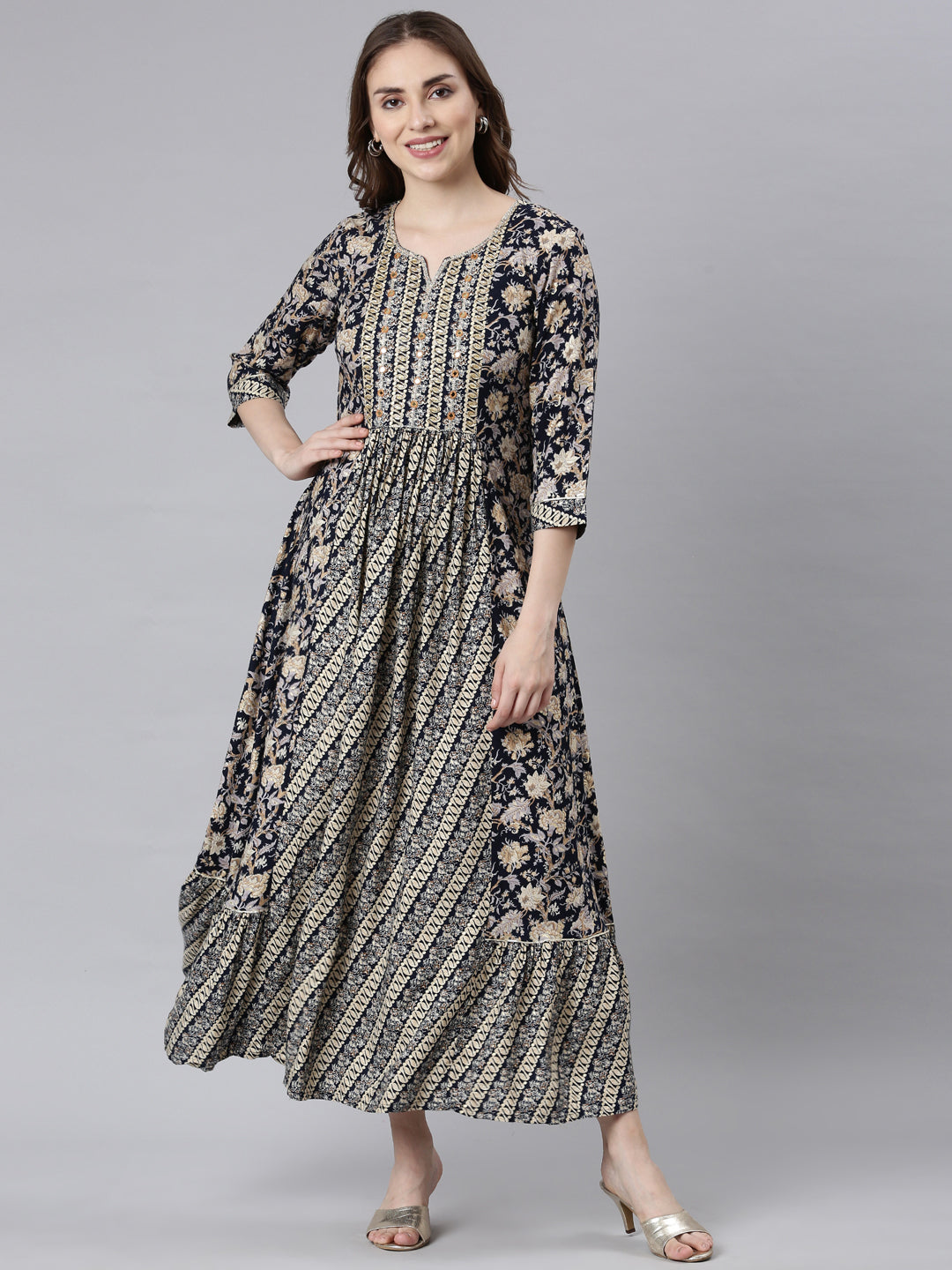 Neerus Navy Blue Flared Casual Ethnic Motifs Maxi Dresses