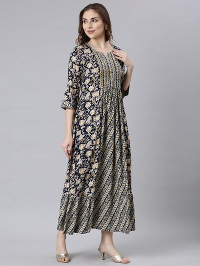 Neerus Navy Blue Flared Casual Ethnic Motifs Maxi Dresses