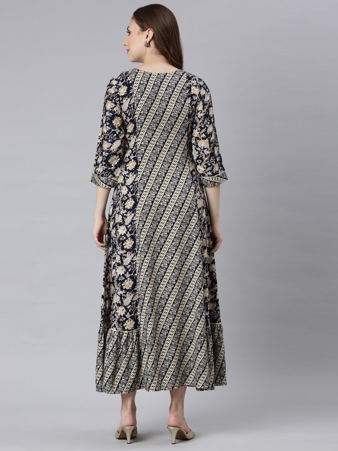 Neerus Navy Blue Flared Casual Ethnic Motifs Maxi Dresses