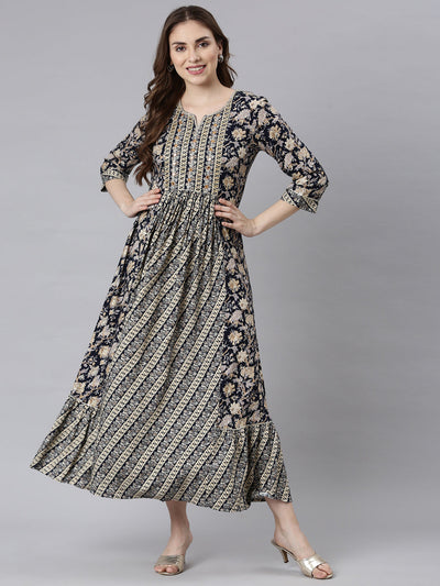 Neerus Navy Blue Flared Casual Ethnic Motifs Maxi Dresses