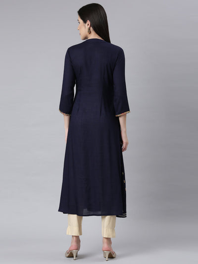 Neerus Navy Blue Curved Casual Ethnic Motifs Maxi Dresses