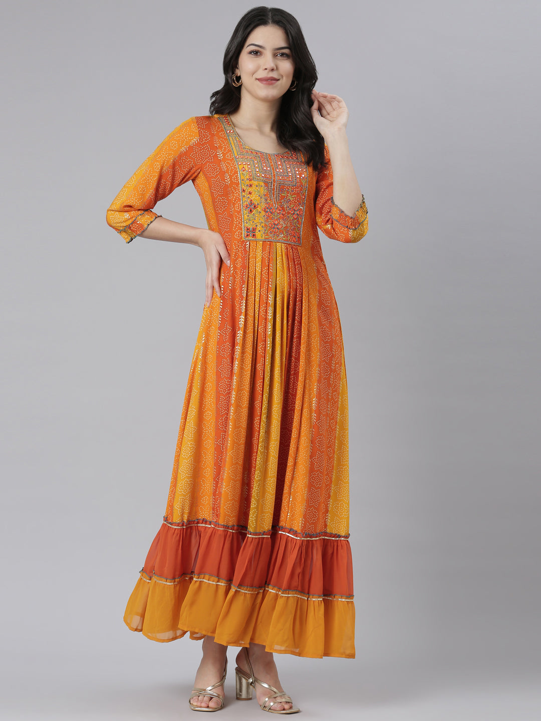 Neeru's Orange Straight Casual Floral Dresses