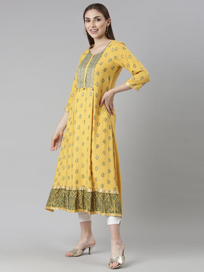 Neeru's Mustard Straight Casual Floral Dresses