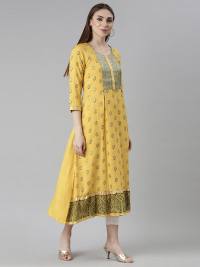 Neeru's Mustard Straight Casual Floral Dresses