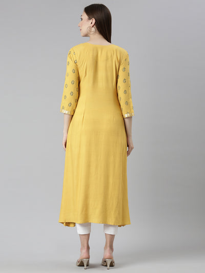 Neeru's Mustard Straight Casual Floral Dresses