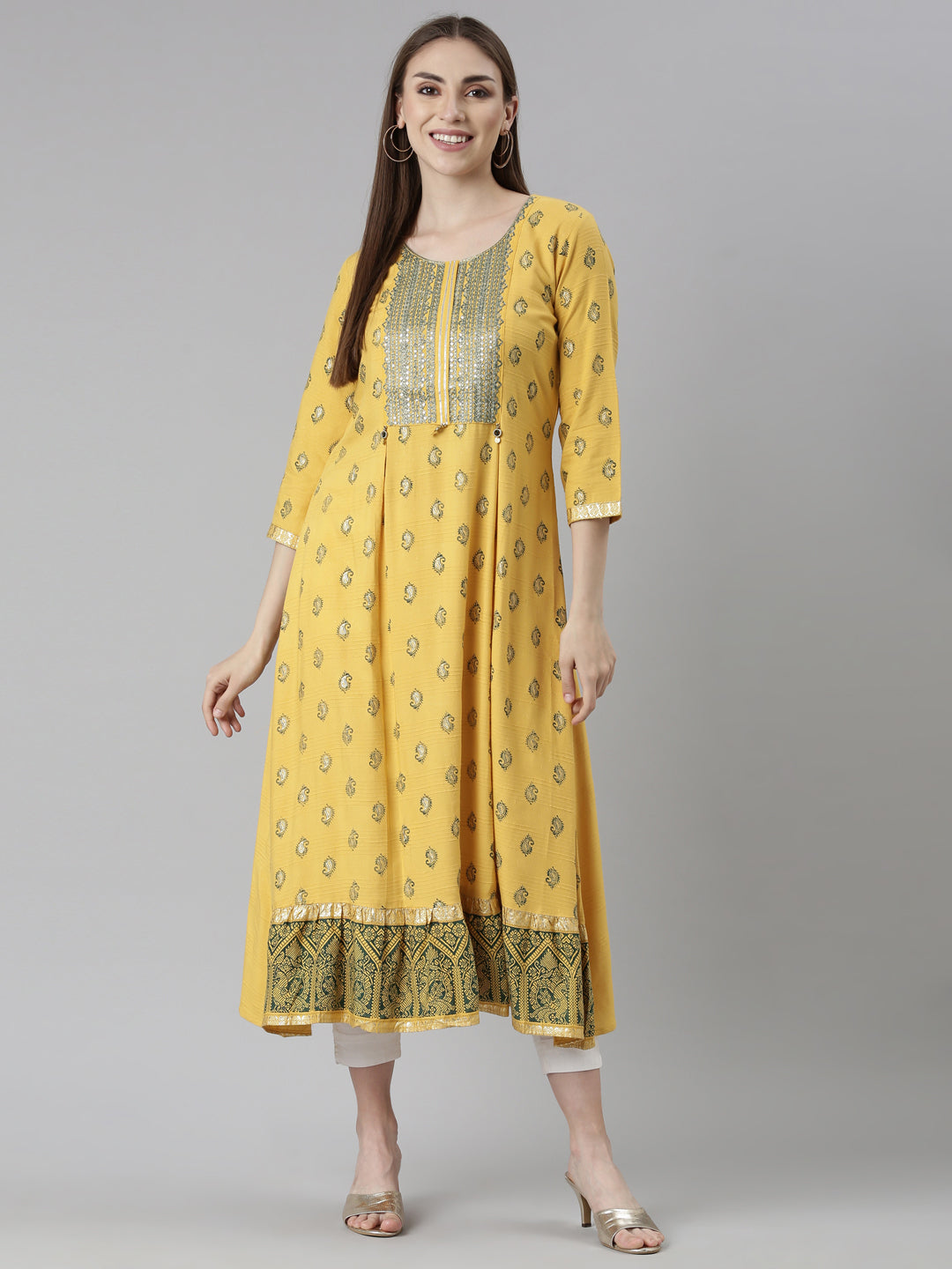 Neeru's Mustard Straight Casual Floral Dresses