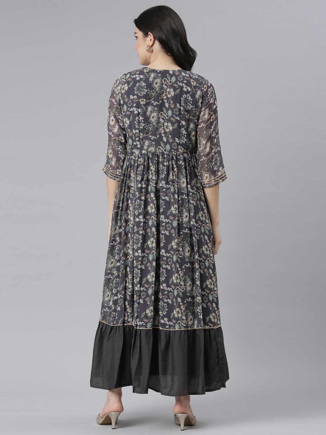 Neeru's Grey Straight Casual Floral Dresses