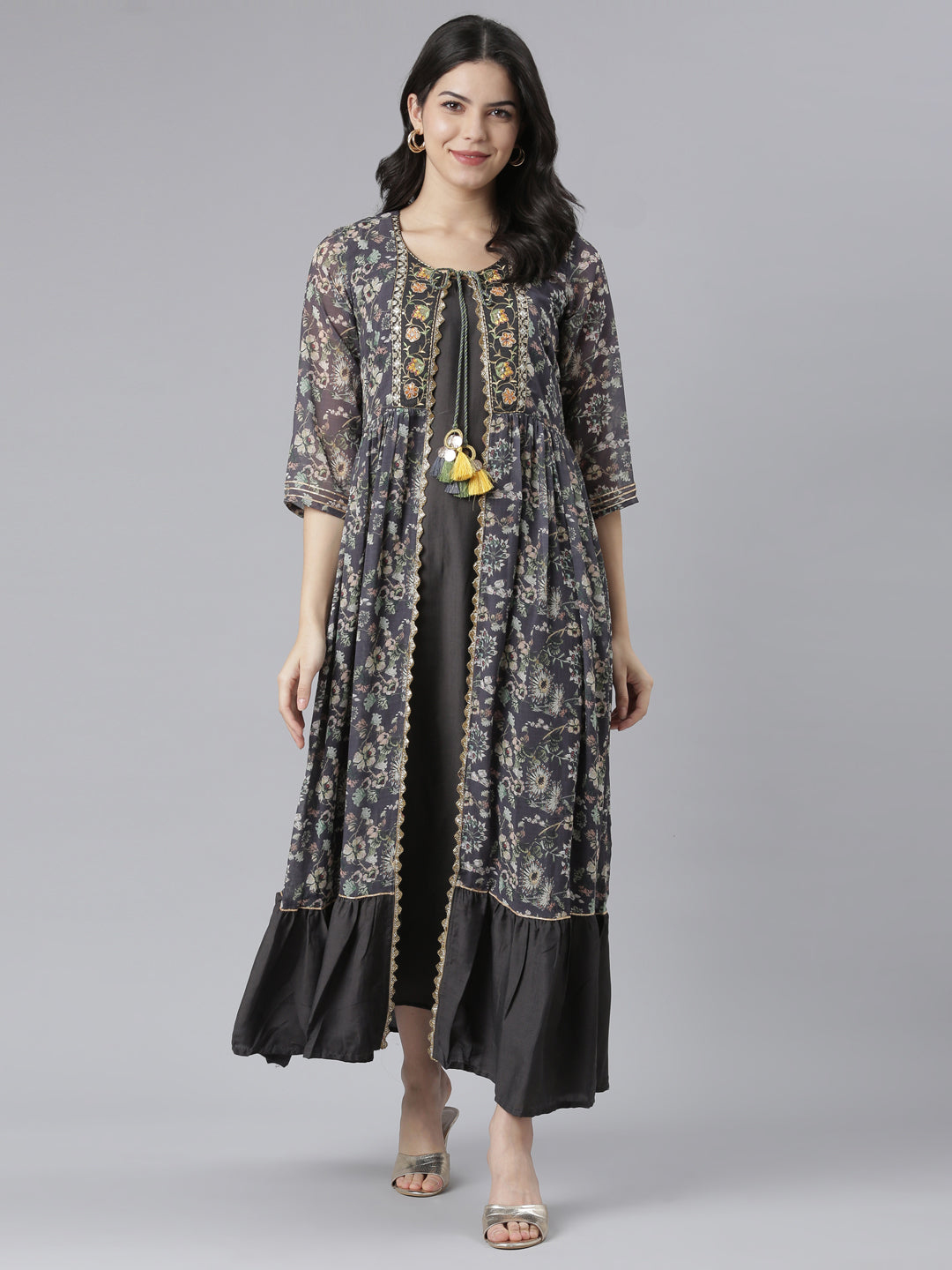 Neeru's Grey Straight Casual Floral Dresses