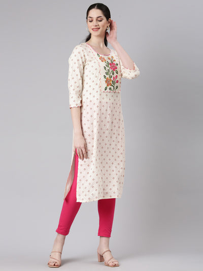 Neerus Cream Straight Casual Floral Panelled Kurtas