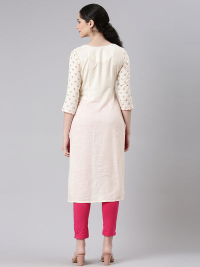 Neerus Cream Straight Casual Floral Panelled Kurtas