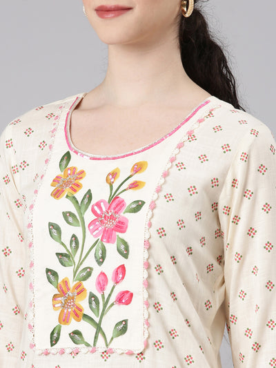 Neerus Cream Straight Casual Floral Panelled Kurtas