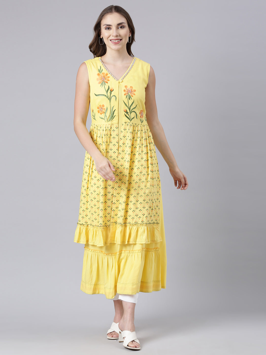 Neerus Yellow Flared Casual Solid Maxi Dresses