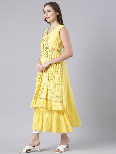 Neerus Yellow Flared Casual Solid Maxi Dresses