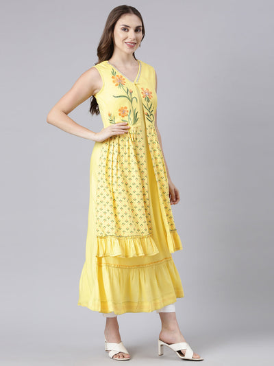 Neerus Yellow Flared Casual Solid Maxi Dresses