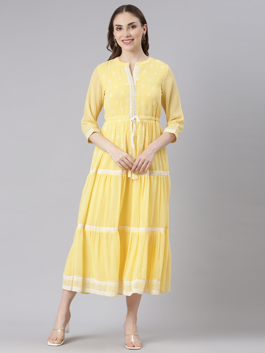 Neerus Yellow Georgette Straight Casual Ethnic Motifs Maxi Dresses